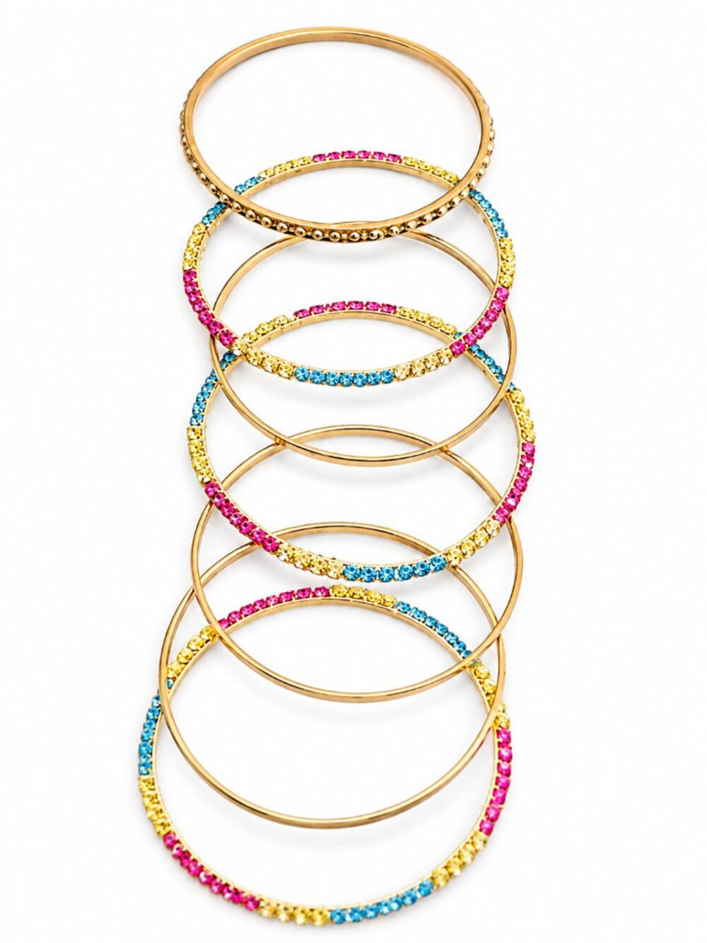 7 -Piece Gold Tone Bangle Bracelet Set – Multicolor Rhinestone Stack